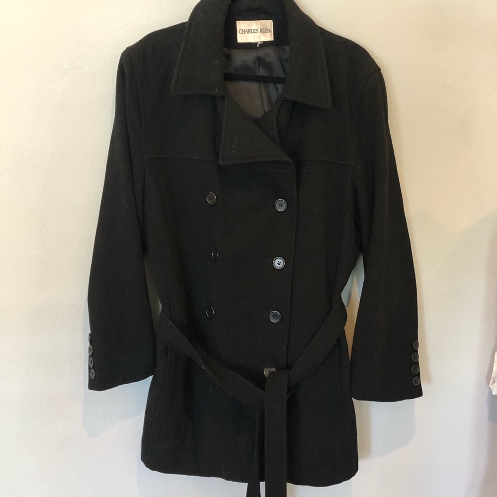 Charles Klein Black Double-Breasted Wool Pea Coat